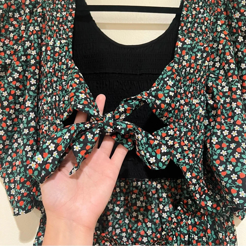 Sea New York Liberty Black Strawberry Print Tie Back Puff Sleeve Mini Dress L - Picture 7 of 9